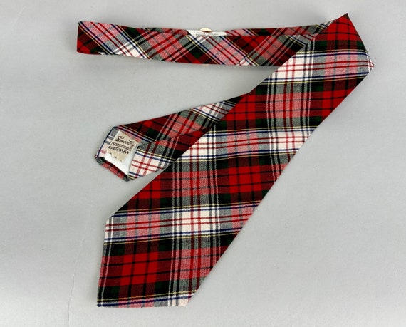 1940s Proud in Plaid Necktie | Vintage 40s Red White Yellow and Green Tartan Woven Wool Deadstock Self Tie Cravat Dated 1948 by "Smoothie"