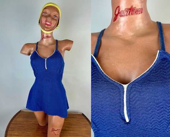 1930s Wistful Waves Bathing Suit | Vintage 30s Cobalt Blue One Piece Zig Zag Wavy Wool Knit Swimsuit w/White Trim | Large Extra Large XL