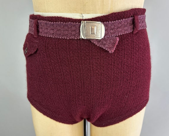 1930s Princely Plunge Swim Trunks | Vintage 30s Maroon Wool and Lastex Knit Bathing Suit Swimsuit Swimwear with Woven Belt | Medium Large