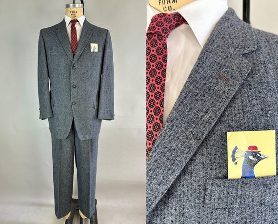 1950s Stormy Weather Suit | Vintage 50s Storm Cloud Grey Tweed Wool with Charcoal Flecks and Red Pinstripe Jacket & Trousers | Size 42 Large