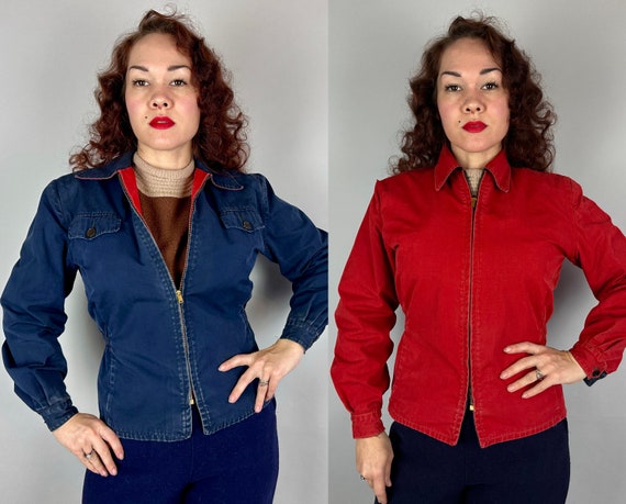 1940s Hit the Slopes Reversible Ski Jacket | Vintage 40s Two for One Red and Blue Waxed Cotton Winter Sports Togs Zip Up Coat | Medium