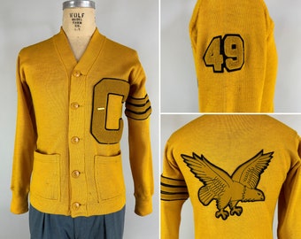 1940s Collegiate Champion Cardigan | Vintage 40s Goldenrod Yellow Wool Knit Eagle Varsity Patches Letterman Sweater Dated 1949! | Medium