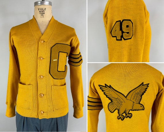 1940s Collegiate Champion Cardigan | Vintage 40s Goldenrod Yellow Wool Knit Eagle Varsity Patches Letterman Sweater Dated 1949! | Medium