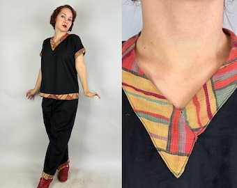 1920s Lovely Lazy Lady Lounging Pajama Set | Vintage 20s Black Cotton Loungewear Top & Pants w/Ochre Red and Green Trim | Small Medium Large