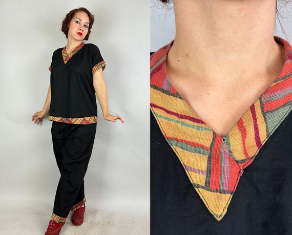 1920s Lovely Lazy Lady Lounging Pajama Set | Vintage 20s Black Cotton Loungewear Top & Pants w/Ochre Red and Green Trim | Small Medium Large