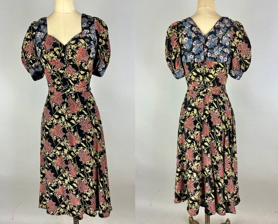 1940s Dark Gardens Dress | Vintage 40s Black Pink… - image 7
