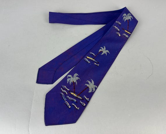 1940s Tropical Nights Necktie | Vintage 40s Indigo Blue Purple Hand Painted Hawaiian Palm Tree Ocean Beach Unique Novelty Rayon Self Tie