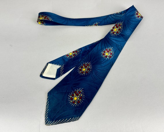 1940s Flashy Fireworks Necktie | Vintage 40s Midnight Blue with Bursting Explosions of Crimson and Yellow Silk Self Tie Cravat by "Wembley"