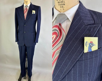 1940s Smashing Sharp Suit | Vintage 40s Single-Breasted Peak-Lapel Midnite Blue Wool Two-Piece Set with Sky Blue Pinstripes | Size 38 Medium