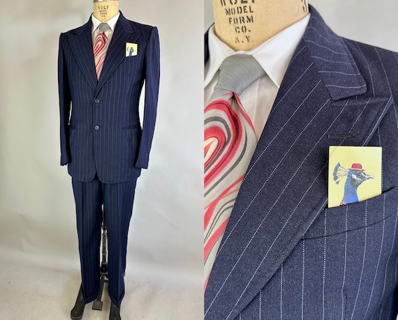 1940s Smashing Sharp Suit | Vintage 40s Single-Breasted Peak-Lapel Midnite Blue Wool Two-Piece Set with Sky Blue Pinstripes | Size 38 Medium