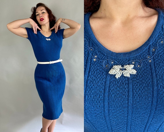 1950s Secretary Sashay Knit Dress | Vintage 50s Blue Wool Knit Frock with White Beading Stripes and Soutache | Small Medium Large XL