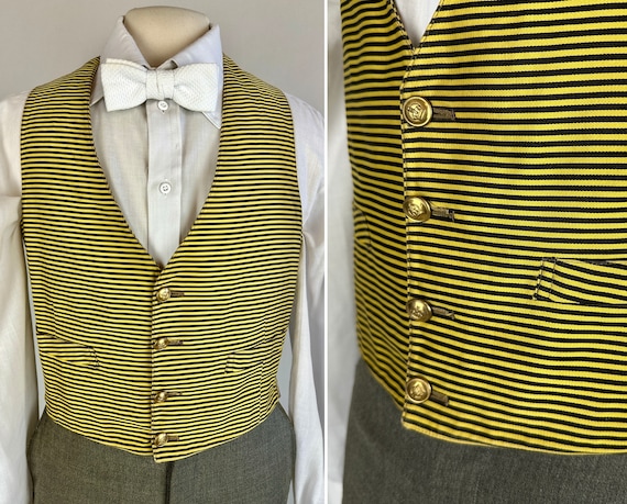 1900s Gentlemen’s Gentleman Waistcoat | Vintage Antique Edwardian Yellow and Black Bumble Bee Stripe Vest with Brass Buttons | Small