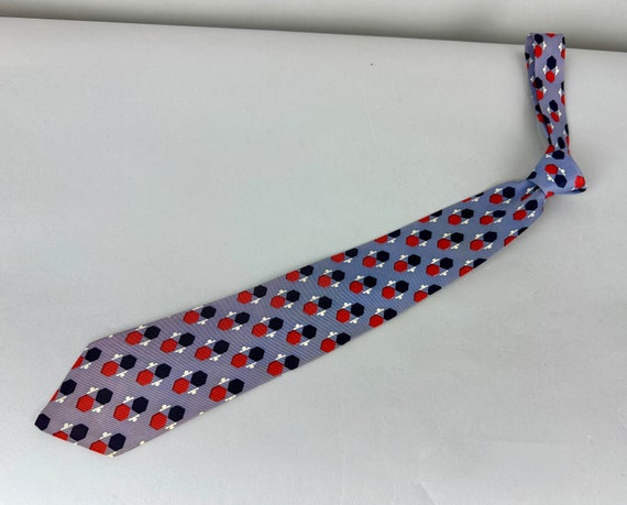 1950s Hexagons Are The Bestagons Necktie | Vintage 50s Rayon Self Tie with Red & Blue Kissing Hexagon Honeycomb Shapes by Arrow