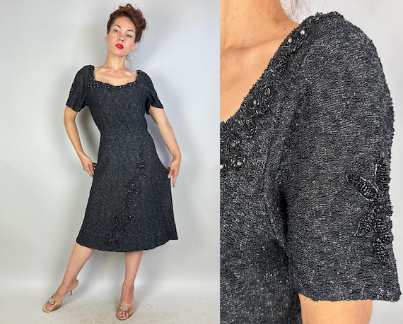 1950s Celebration Cocktail Knit Dress | Vintage 50s Black Wool and Silver Lurex Evening Frock w/Rhinestones and Beads | Small Medium Large
