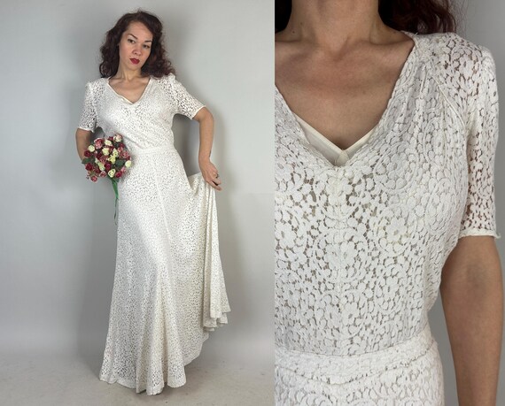 1930s Swan Lake Gown Set | Vintage 30s Bridal White Lace Puff Sleeve Floor Length Dress w/Matching Slip & Sweetheart Neck| Large/Extra Large