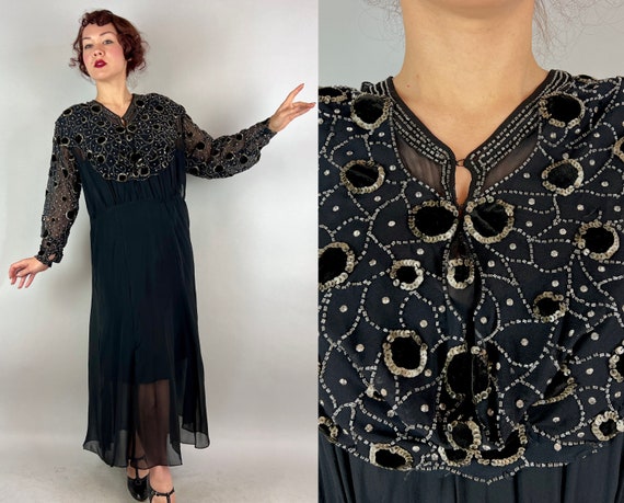 1930s Mistress in Metallic Dress | Vintage 30s Black Silk Chiffon LBD Frock with Beads and Metal Sequins and Velvet Accents | Extra Large XL