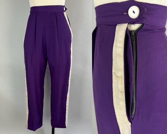 1950s Faster Pussycat Kill Kill! Cigarette Pants | Vintage 50s Purple Rayon Gab White Stripe Sporty Racer Side Zip Slacks | Extra Small XS