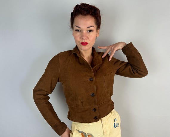 1930s Mountain Mary Cossack Jacket | Vintage 30s Walnut Brown Suede Cropped Coat with Patch Pocket Waist Adjusters & Flannel Lining | Small
