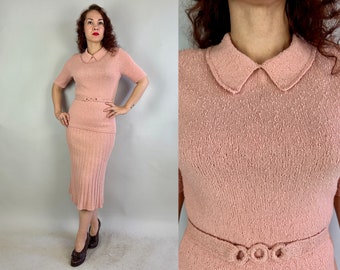 1940s Lovey Dovey Knit Set | Vintage 40s Three Piece Ballet Pink Boucle Wool Sweater Jumper Ribbed Skirt and Belt Ensemble | Medium/Large