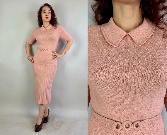 1940s Lovey Dovey Knit Set | Vintage 40s Three Piece Ballet Pink Boucle Wool Sweater Jumper Ribbed Skirt and Belt Ensemble | Medium/Large