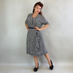 1940s Carla's Curly Q's Dress Vintage 40s Slate Blue and White Rayon Chiffon Faux Wrap Frock w/ Hip Swag & Smocking Large/Extra Large XL image 2