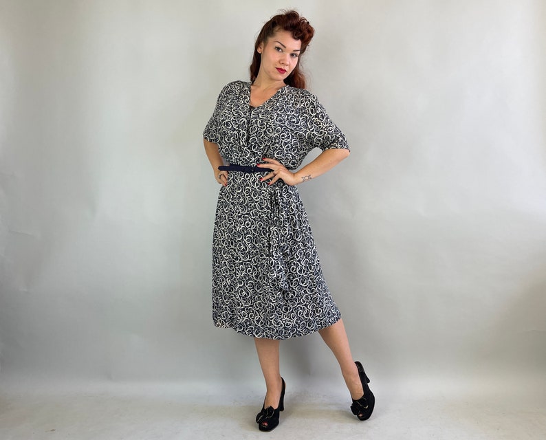 1940s Carla's Curly Q's Dress Vintage 40s Slate Blue and White Rayon Chiffon Faux Wrap Frock w/ Hip Swag & Smocking Large/Extra Large XL image 2