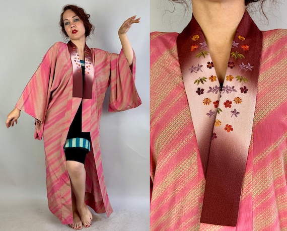 1950s Kyoto Cutie Kimono | Vintage 50s Watermelon Pink and Green Diagonal Stripe Shibori Pattern Silk Embroidered Traditional Japanese Robe