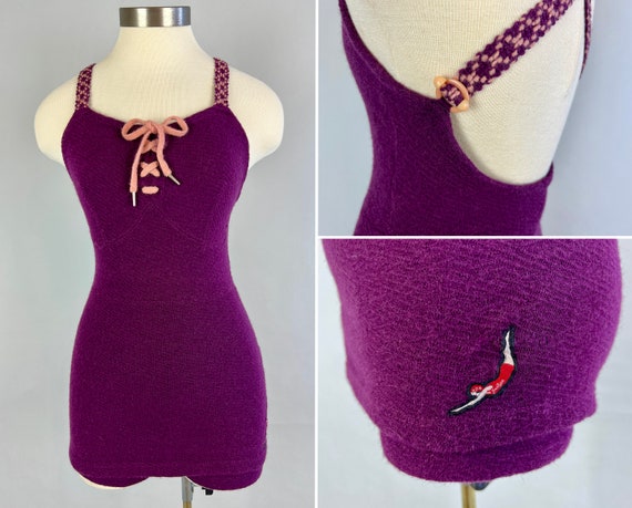 1930s Plum Dandy Bathing Suit | Vintage 30s Purple and Pink Knit Wool One Piece Pinup "Jantzen" Swimsuit with Laces | Small Extra Small XS