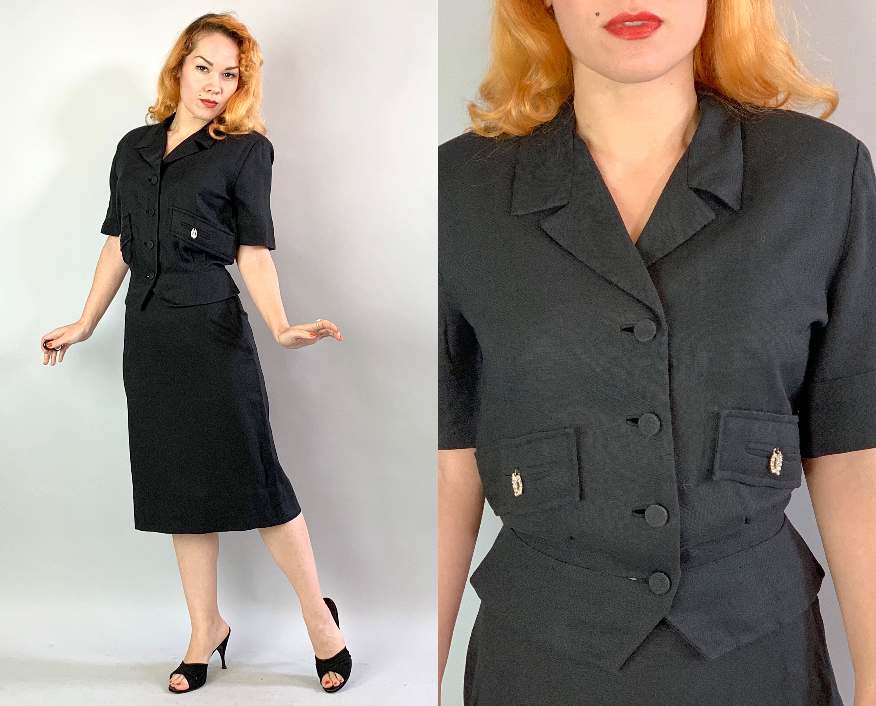 1950s Linen Skirt Suit Vintage 50s Black Short Sleeved Edward Barry Pencil Skirt and Blouse