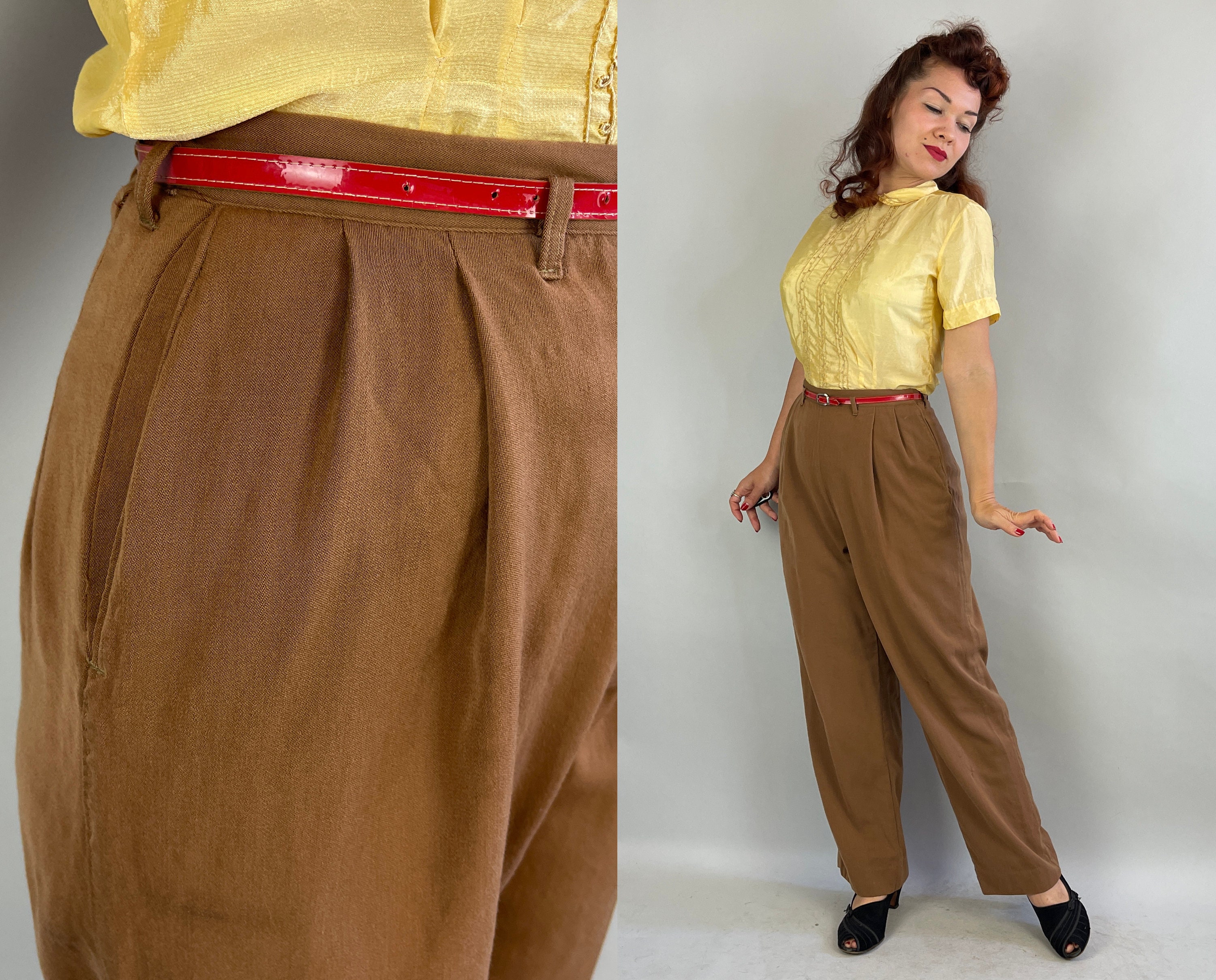 1940s Sporting Ladies Slacks, Vintage 40s Latte Brown Wool Gabardine  Trousers Pants with Top Stitching Dropped Loops and Side Zip
