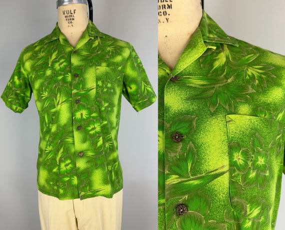 1950s Duke of Paradise Hawaiian Shirt | 50s Green Cotton Tiki Gold Button Up Top with Tropical Flowers Print by "Duke of Hollywood" | Small