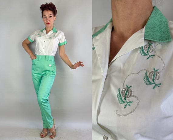 1950s Rhonda's Ranch Roundup Set | Vintage 50s Deadstock Western White & Green Cotton Shirt + Cigarette Pants w/Silver Embroidery | Small