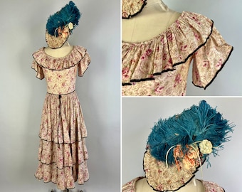 1930s Hello Dolly Dress Set | Vintage 30s Cotton Voile Ruffled Frock and Feather Hat Ensemble in Rose Print with Black Piping | Small/XS