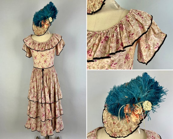 1930s Hello Dolly Dress Set | Vintage 30s Cotton Voile Ruffled Frock and Feather Hat Ensemble in Rose Print with Black Piping | Small/XS