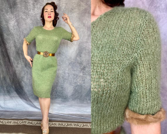 1950s Soft Sage Sweetie Knit Dress | Loose Weave Wool Knitwear Frock with Mink Fur Trim Sleeves | Small Medium Large Extra Large XL