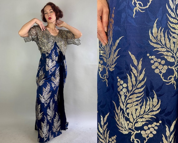 1910s Lithe Lady in Lamé Dress | Antique Teens Blue Silk w/Silver Botanical Metal Weaving Metallic Lace & Velvet Gown | Large Extra Large XL
