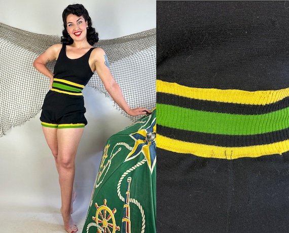 1930s Seven Up Swimsuit | Vintage 30s Black Yellow and Green Color Block Stripe Wool Knit Bloomers Bathing Suit | Small Extra Small XS