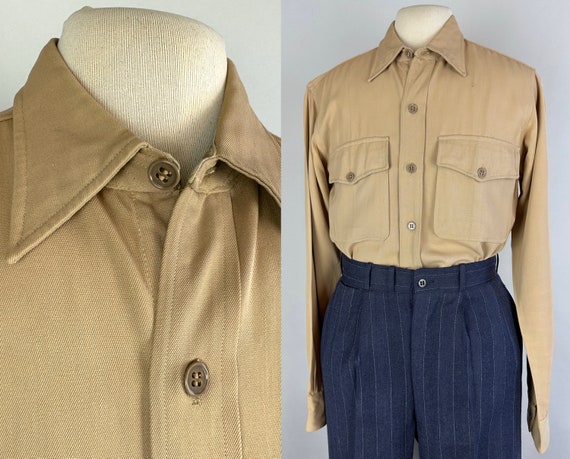 1940s Military Man Shirt | Vintage 40s Khaki Beige Wool Gabardine Button Up Top with Spearpoint Collar by "Yale" | Small