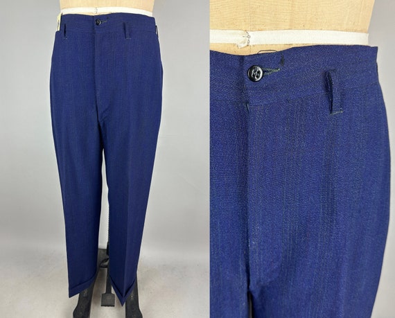 1930s Perfect Match Trousers | Vintage 30s Midnight Blue Wool Pants Slacks with Red and Electric Blue Pinstripes | Size 33x30 Medium