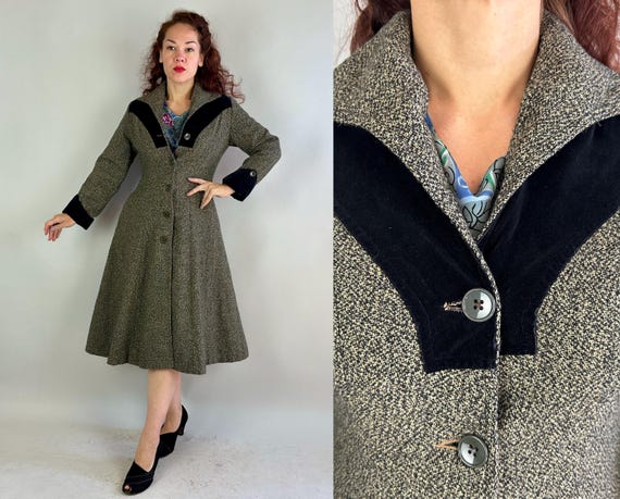 1950s Fabulous Fitted Princess Coat | Vintage 50s Mottled Black and White Grey Wool Overcoat Jacket w/Velvet Accents | Extra Small XS Small