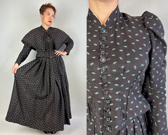 1800s Distinguished Dickensian Victorian Dress Set | Vintage Antique Black with Green Leaf Cotton Three-Piece Skirt Bodice & Capelet | Large