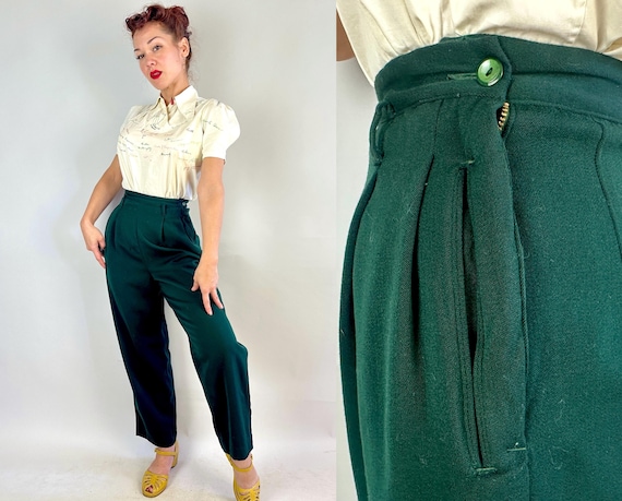 1940s Pine Forest Play Time Trousers | Vintage 40s Green Wool Gabardine Pants with High Pleated Waist and Side Zip | Extra Small XS