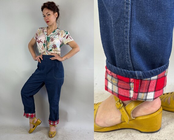1950s Barn Dance Blue Jeans | Vintage 50s Indigo Denim Side Zip Dungarees with White Top Stitching and Plaid Flannel Lining | Medium