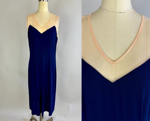 1940s Subtlety Sassy Dress | Vintage 40s Navy Blue Rayon Crepe Frock with Nude Illusion Net Lace Yoke | Medium Large