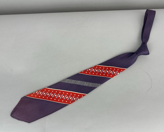 1940s Gussied Gary Necktie | Vintage 40s Purple White and Red Diagonal Ornate Stripes Silk Self Tie Cravat