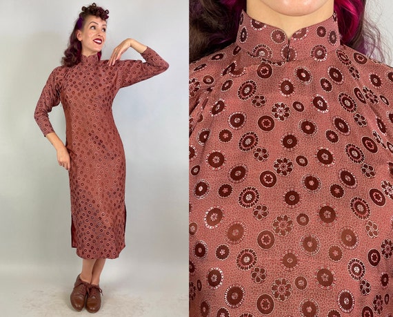 1940s Cinnamon Sienna Cheongsam | Vintage 40s Reddish Brown Silk Brocade Traditional Qipao Chinese Dress with Mandala Pattern | Small