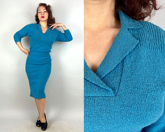 1950s Collegiate Cool Knit Set | Vintage 50s Two Piece Azure Blue Boucle Wool Sweater & Ribbed Skirt Ensemble | Medium Large Extra Large XL