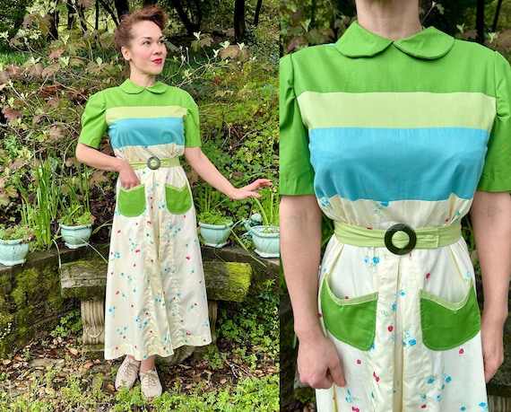 1930s Easter Parade Repro Dress | Vintage Pattern 30s Style Green Blue & Yellow Flowers + Berries Color Block Cotton Frock w/Belt | Medium