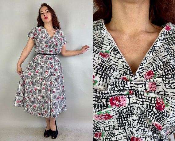 1940s Everything's Coming Up Roses Dress | Vintage 40s White Cotton Pink Rose on Black Cross Hatch Spiderweb Print Day Frock| Extra Large XL