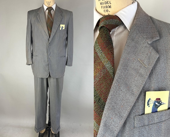 1950s Fancy in Flecks Suit | Vintage 50s Grey Brown Flecked Orange Wool w/Yellow Pinstripe Two Piece Jacket & Trousers Set | Size 40 Medium